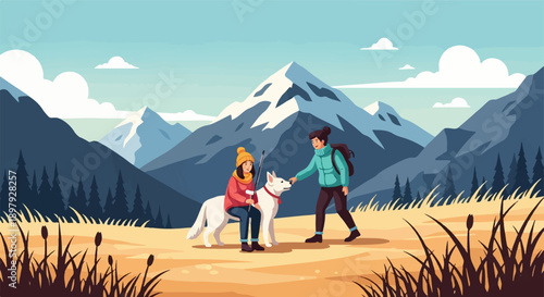 Two people and a dog enjoy a scenic mountain vista on a clear day