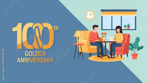 Two people and a dog celebrate a centennial anniversary at home