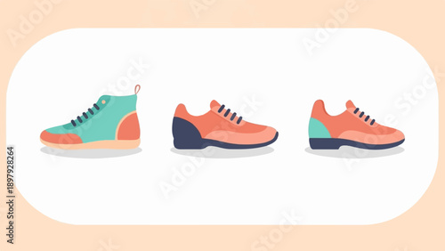 Three stylish sneakers, a high-top and two low-tops, in coral and teal