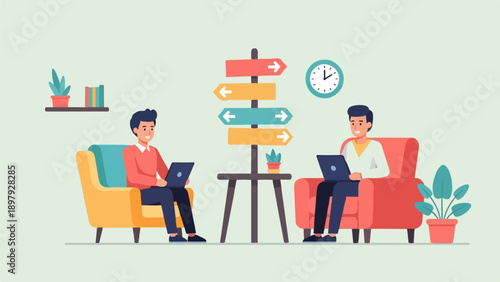 Two men relax in comfortable chairs, working on laptops near a directional signpost