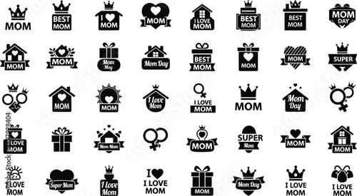Collection of black and white mother's day and symbols featuring crowns hearts houses and gifts