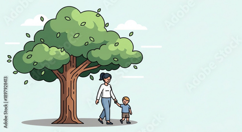 Mother and Child Walking Hand in Hand under Green Tree with Falling Leaves