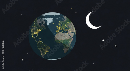 Earth from Space at Night with Crescent Moon and Stars