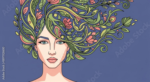Woman with Floral Hair Illustration on Blue Background