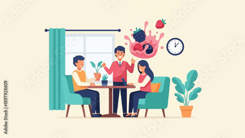 Three people, a clock, plants, and a splash of berries with liquid