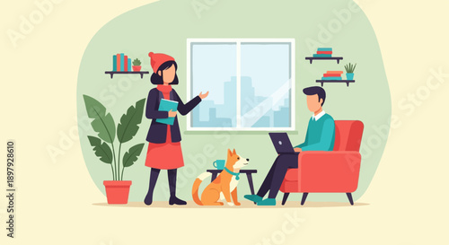 Two people and a dog in a bright room with a large window and plants