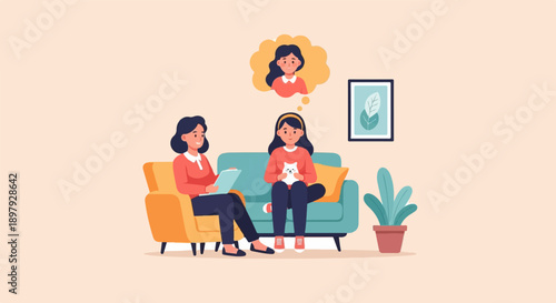 Two females on a couch, one with a cat, with a thought bubble