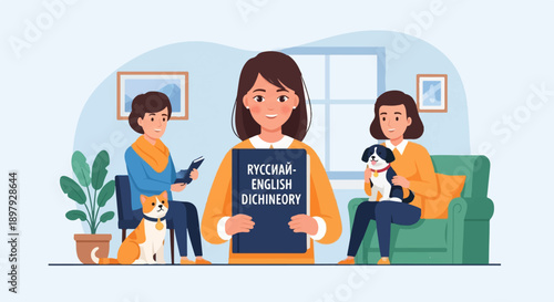 Three women and pets enjoy a cozy indoor scene of learning and relaxation