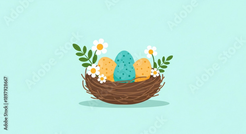 Colorful Easter Eggs in Nest with Flowers on Turquoise Background