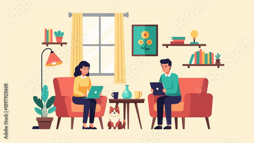 Two people and a dog in a cozy living room with laptops
