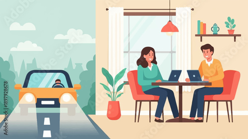 Split scene person driving car towards viewer, two people working on laptops indoors