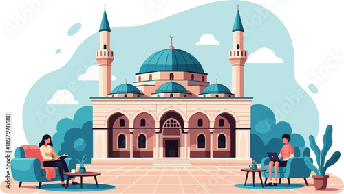 Two individuals relax near a mosque, one reading, the other on a laptop