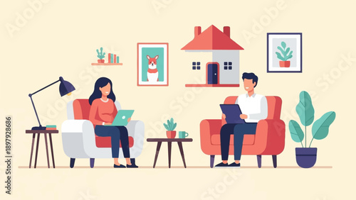 Two individuals relax in comfortable chairs at home, engaged with their devices