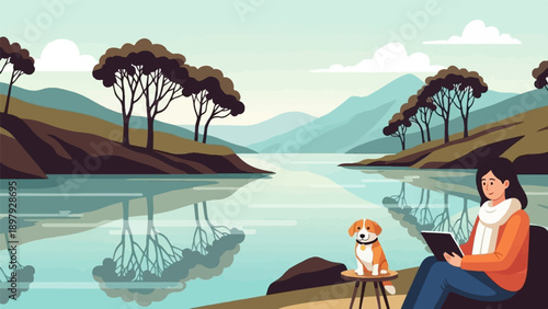 Serene lakeside scene with a woman and her dog enjoying a peaceful moment outdoors