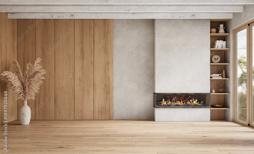 Fototapeta premium Cozy Modern Living Room with Wooden Wall Panels, 3d render