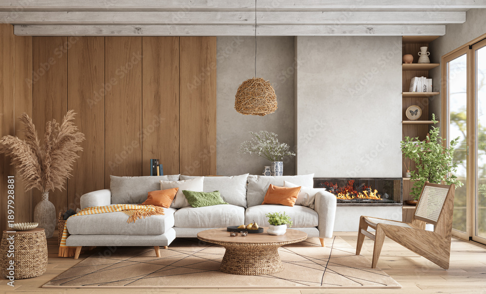Obraz premium Cozy Modern Living Room with Wooden Wall Panels, 3d render