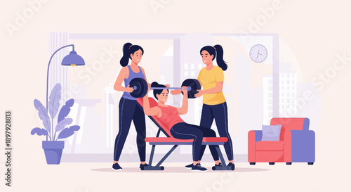 Three women in a room, one lifting weights on a bench, helped by others