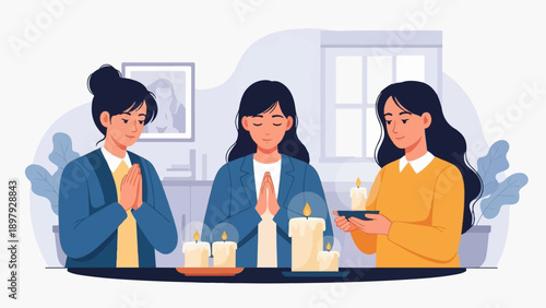 Three women in prayer with lit candles