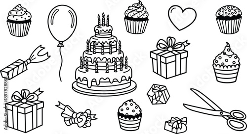 Collection of black and white hand drawn birthday party including cakes balloons and gifts