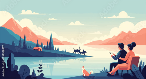 Serene mountain lake scene with a couple, dogs, and a distant cabin