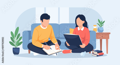 Two individuals sit cross-legged, engaged in study and writing in a cozy living room