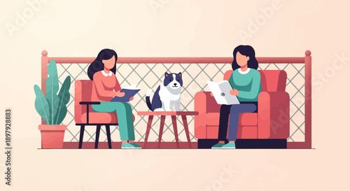 Two people and a dog in a cozy room with plants