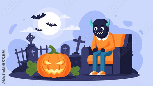 Spooky Halloween scene with a carved pumpkin, bats, graves, and a seated character