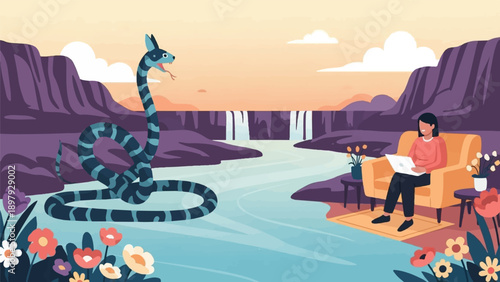 Serene mountain landscape with a woman working and a mystical serpent