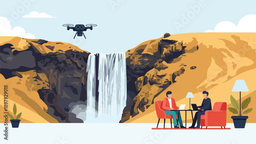 Two men work on laptops in a cafe near a waterfall, drone overhead