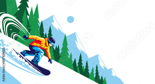 Fast downhill snowboard ride with flowing motion lines and stylized winter forest background, clean modern vector illustration with copy space for winter sports advertising