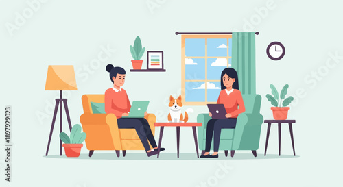 Two people and a dog in a living room working on laptops