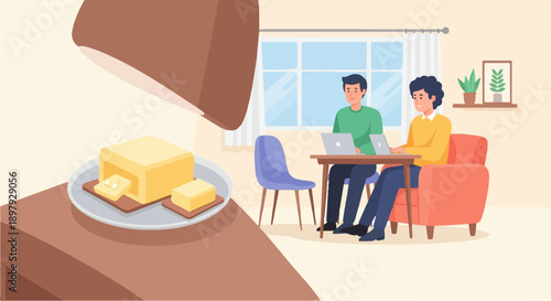 Two men work on laptops in a room with butter on a table