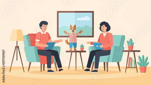 Two people and a dog in a living room