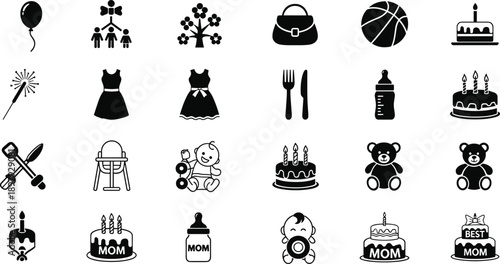 Collection of black depicting family celebration baby and everyday balloon family tree