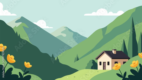 Serene mountain valley with a small house and blooming yellow flowers