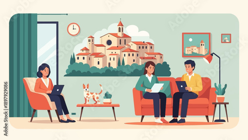 Three people and a dog in a living room with a cityscape backdrop