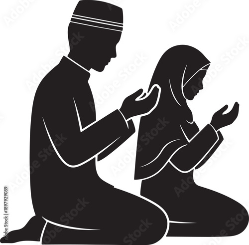Black silhouette illustration depicts a Muslim man and woman kneeling together in prayer asking for divine guidance and blessings.