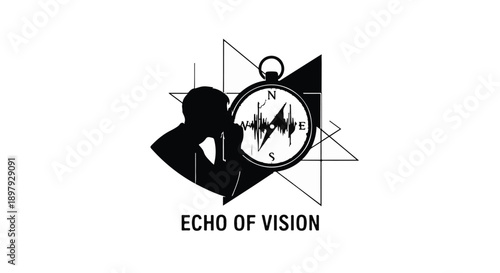 Silhouette of a person contemplating a compass with sound waves, representing inner direction and perception.