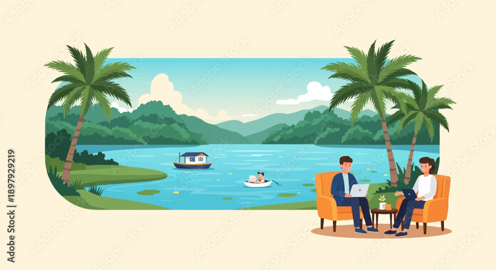 Obraz premium Two men working on laptops by a serene lake with palm trees