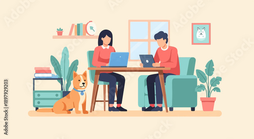 Two people and a dog in a room, working on laptops