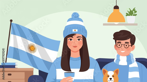 Two people and a dog in Argentina colors, with a flag and cozy decor