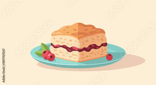 Square pastry with berry jam and fruit on a teal plate