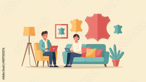 Two men working on laptops in a cozy living room with leather samples on the wall