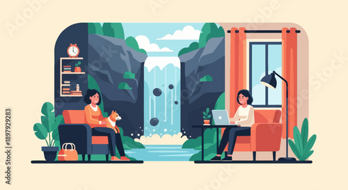 Two people and a dog in cozy rooms with a waterfall backdrop