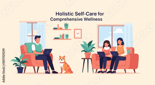 Three people and a dog relax in a home setting, focused on laptops