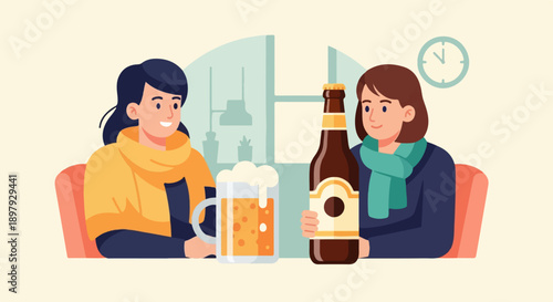 Two friends enjoying drinks at a cafe with a clock on the wall