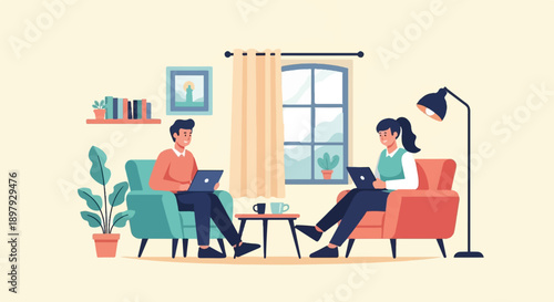 Two individuals work on laptops in comfortable armchairs within a cozy room setting