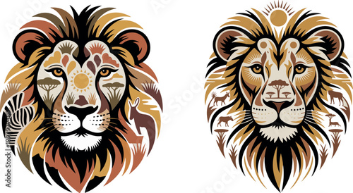 Two Stylized Lion Faces With African Wildlife Scenes