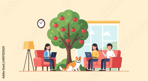 Three people and a dog working on laptops in a living room with an apple tree