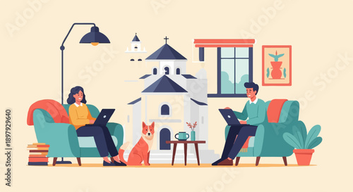Two people and a dog relax at home, working on laptops